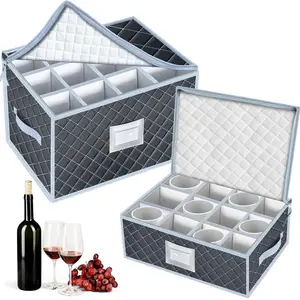 Wine Glass and Mug Storage Box with Dividers - 2 Pack China Storage Containers Set Holds 24 Glassware , Stemware，Coffee Mug and Tea Cup, Organizer Bin with Sturdy Metal Zipper,Label and Handles (Grey)