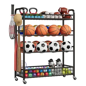 4-Tier Rolling Sports Equipment Organizer, Rustproof Steel Ball Storage Rack with Lockable Wheels Hooks for Basketball Football Tennis Gear