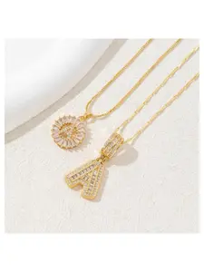 2-Piece Initial Letter Necklace Set, 14k Sparkling Necklaces, Customizable Round Zircon Pendant, Valentine's Day Jewelry Gift