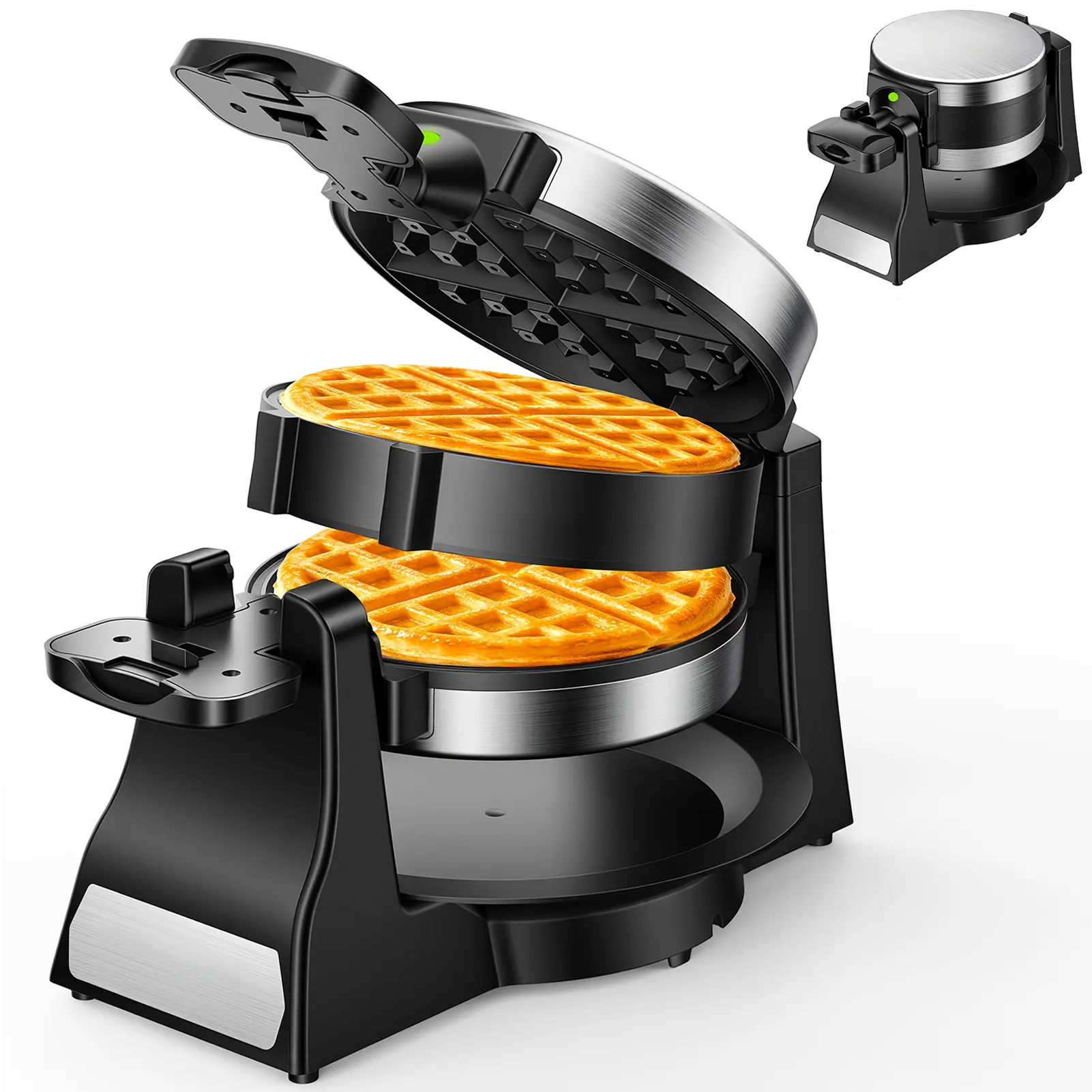 Waffle Maker, 1400W Waffle Iron 8 Slices, Double Belgian Waffle Maker 180°Flip, Rotating & Nonstick Plates with Removable Drip Tray for Easy Clean, Stainless Steel, Locking Buckle & Cool Touch Handle