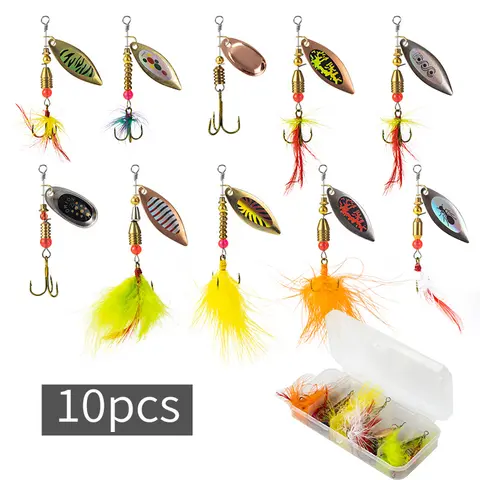 10Pcs Vibrant Metal Spinner Spoon Lures Set - Free-Spinning Blade, Treble Hooks & Feather, 0.11-0.24oz 2.2In Fishing Accessories Kit for Trout, Bass, Freshwater & Saltwater Use