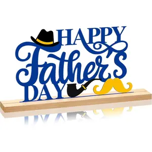 Metal Happy Father's Day Table Sign Fathers Day Tabletop Decoration Party Centerpiece Tiered Tray Decor with Wooden Base for Home Office Desk Shelf Mantel Fireplace Indoor Dad Gift