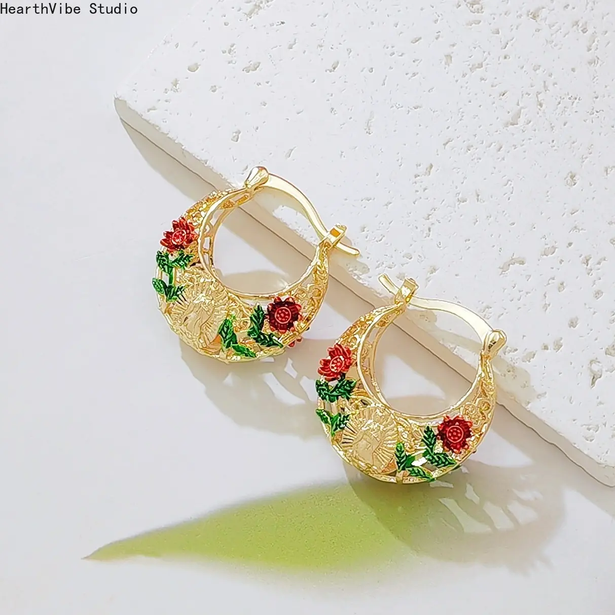Gold Virgin Mary Guadalupe Hoop Earrings, Vintage Enamel Rose Flower Huggie Jewelry, 18K Gold Plated Filigree Dangle for Women Mexican Religious Gift