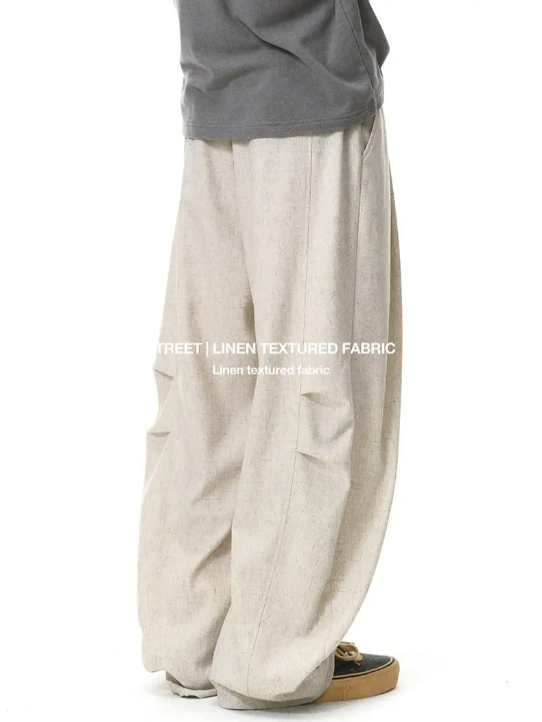 Inflation baggy pants Fashion Linen Wide-Leg Pants Autumn New Trendy American Style Loose Solid Color Casual Trousers baggy pants All Season Performance Pant Menswear Beige Plain Pocket Street wear