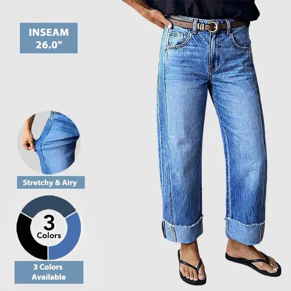 Flamingals Wash Seam Front Roll Raw Hem Mid Rise Straight Leg Jeans Womenswear Stretchy 26.0" Inseam Summer Vibes