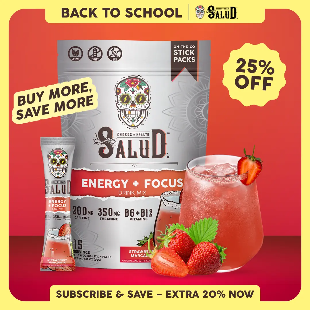 Salud 2-in-1 [Energy + Focus - Strawberry Margarita] Clean Energy Drink Mix, Agua Fresca, Organic Caffeine, B6 & B12, L-Theanine, Drink Packets, Non-GMO, Gluten Free, Vegan, Low Calorie, 1g Sugar (15 Servings)