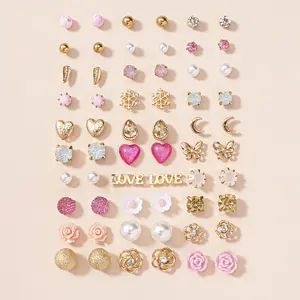30 Pairs Butterfly Love Flower Earrings Set Geometric Flower Love Earrings for Women European and American Style Simple Valentine's Day Gift Cubic Zirconia Diy Jewelry Accessories
