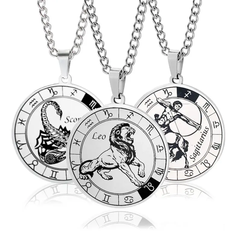 Titanium Steel 12 Constellation Astrology Pendant Necklace - Male Adults' Domineering Leo Rotatable Turntable Design Couple Jewelry Accessory for Birthday, Mother's Day, Valentine's Day, Heart, Perfect Present For A Variety Of Occasions, Zircon