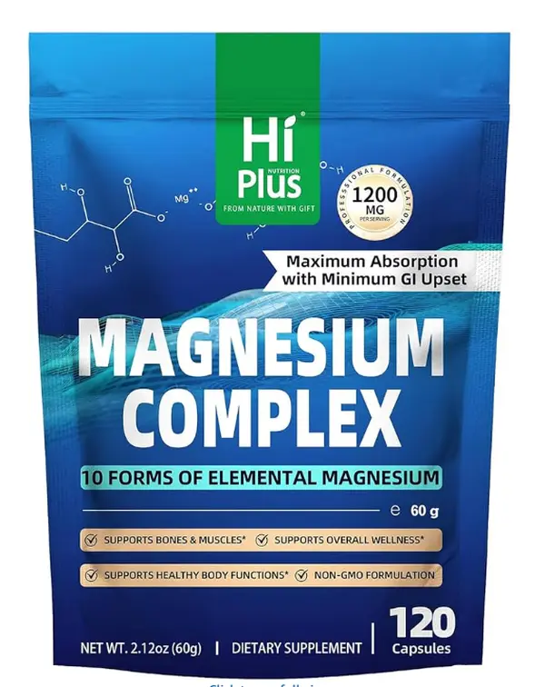 Magnesium Complex Supplement with 10 Forms of Elemental Magnesium, 1200 mg per Serving, Magnesium Glycinate, Citrate, Malate & Taurate, High Absorption Vegan Capsules, Non-GMO