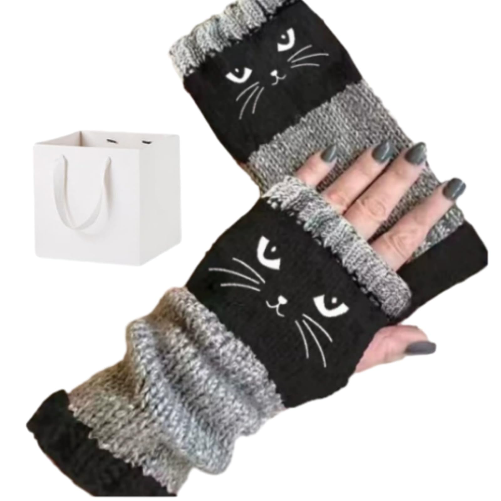 [Buy One Get One Free] These ladies' knitted fingerless gloves with cute cat embroidery patterns are comfortable and fashionable gloves suitable for casual spring wear and festive occasions.