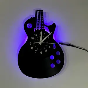 Guitar Theme LED Vinyl Record Wall Clock, Vintage Label & Guitar Elements, Home Decor for Living Room, Bedroom, Music Studio