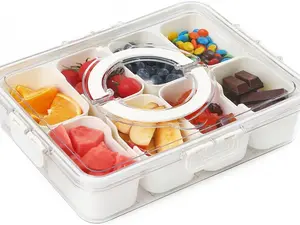 Divided Serving Tray with Lid and Handle-Snackle Box Charcuterie Container for Portable Snack Platters, 8 compartment snack container, Fruit Veggie Charcuterie Box Snack Tray for Travel Party