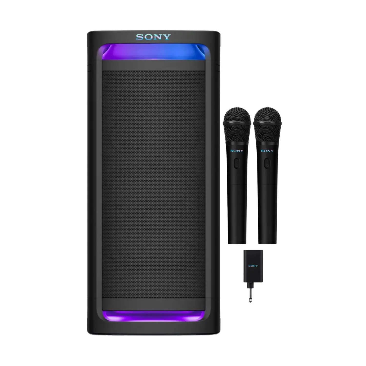 Sony ULT Tower 9AC Audio Speaker (Black) Bundle with 2-Pack Wireless Microphones, USB-Plug Stereo Receiver