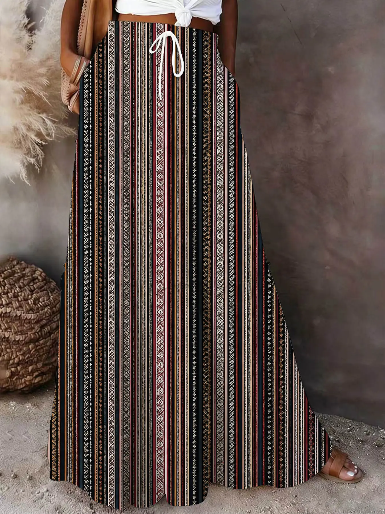 National style striped patchwork multi-layered ultra-long maxi wide-leg skirt, casual tribal geometric pattern high-waisted lace-up long skirt with pockets, Bohemian style Boho Hippie summer flowing A-line skirt, suitable for women to wear Print Skirt