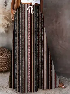 National style striped patchwork multi-layered ultra-long maxi wide-leg skirt, casual tribal geometric pattern high-waisted lace-up long skirt with pockets, Bohemian style Boho Hippie summer flowing A-line skirt, suitable for women to wear Print Skirt