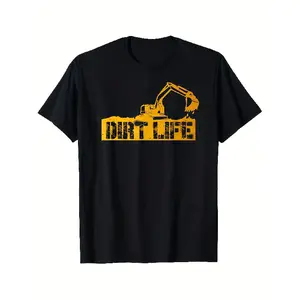 Men's Heavy Equipment Operator Dirt Life Graphic T-Shirt - 100% Cotton Black Construction Worker Tee with Yellow Excavator & Bulldozer Design, Breathable Regular Fit Casual Shirt for Heavy Machinery Operators, Sizes S-XXXL, Ideal Gift for Construction Sit