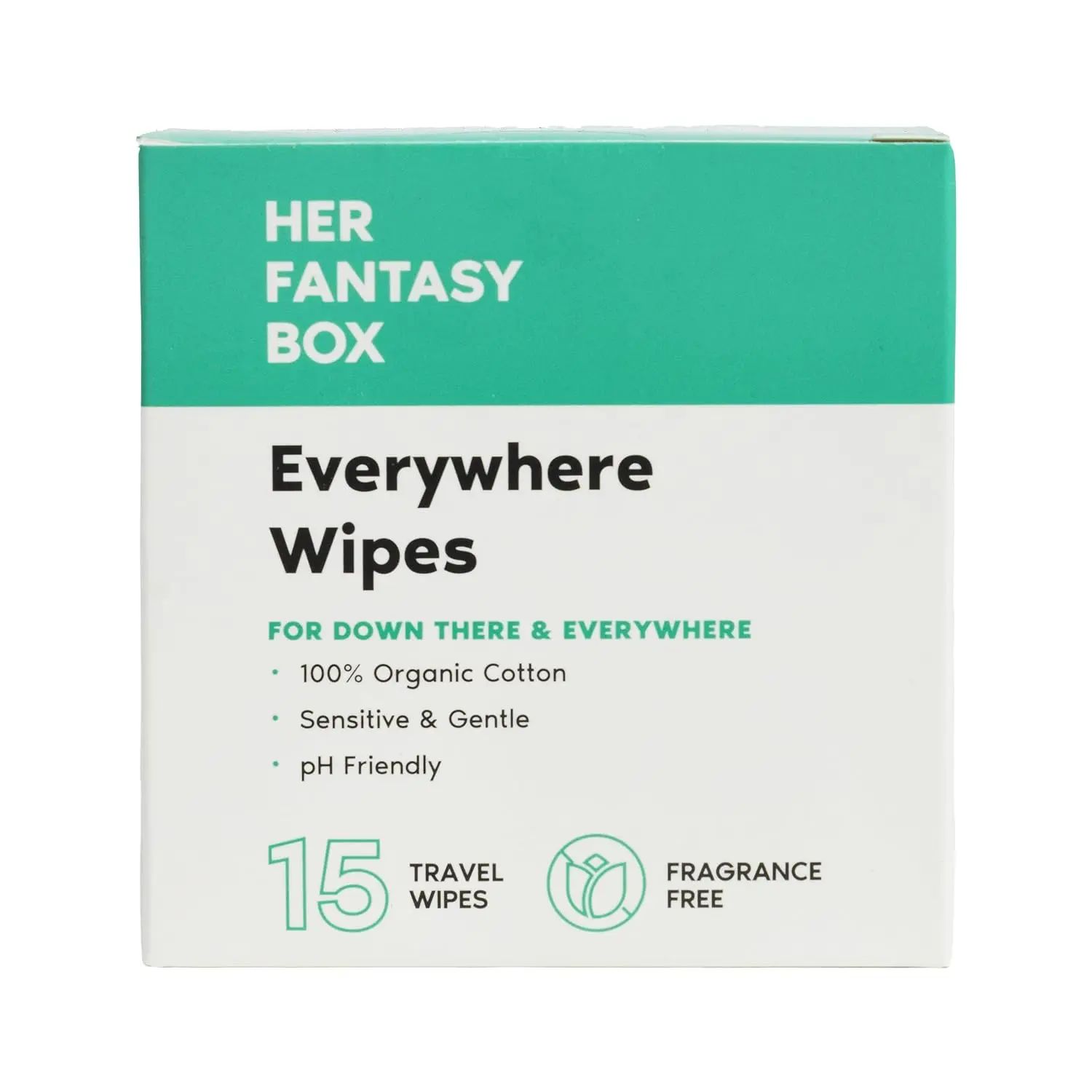 Her Fantasy Box | Everywhere Wipes – 100% Organic Cotton, Gentle & Refreshing, pH-Balanced, Fragrance-Free, Plant-Powered for Body, Face & Intimate Areas, Ideal for Sensitive Skin - 1 Pack, 15 Wipes