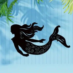 Exquisite Iron Mermaid Wall Art Sculpture Coastal Ocean Themed Hanging Decor for Living Room Bathroom Patio Swimming Pool