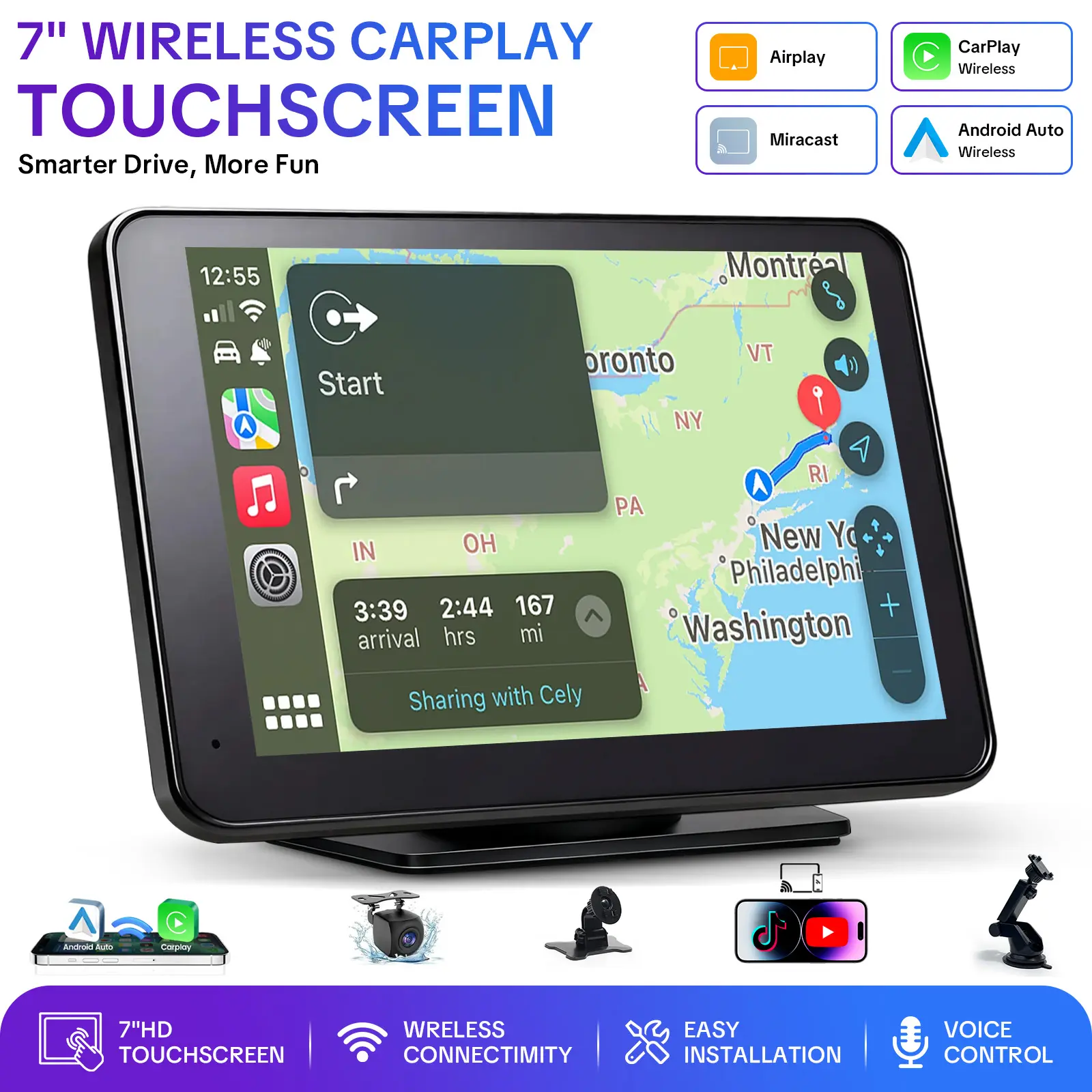 【PASLDA】Portable Wireless Carplay Car Stereo, 7" HD Touchscreen for Car with Apple CarPlay & Android Auto with Backup Camera/Mirror Link/Voice Control/Bluetooth/GPS/AUX for All Vehicles