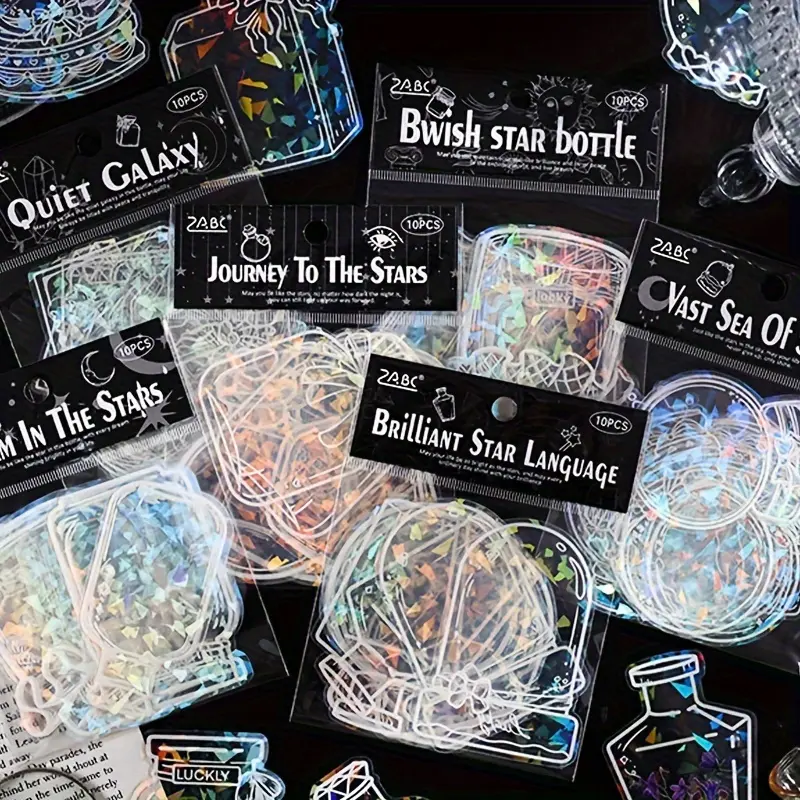 60pcs Creative Laser Glittering Crystal Ball Bottle Series Stickers, Decorative DIY Material Waterproof PET Decals, Shiny Transparent Bottle Stickers Set for Scrapbooking Journal Diary Decor Watercup Decoration DIY Craft (10pcs/Pack, 6Packs)