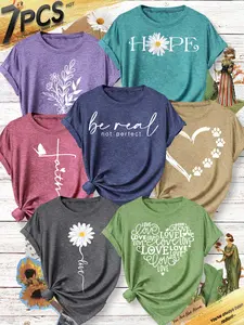 7-Pack Women's Crew Neck T-Shirts, Daisy "HOPE"/"faith"/"love" & Paw Print Slogan Set, Multiple Colors Available, Casual, Machine Washable, Spring & Summer Top, Soft Skin-Friendly Fabric, Daily Versatile, Fashion Design