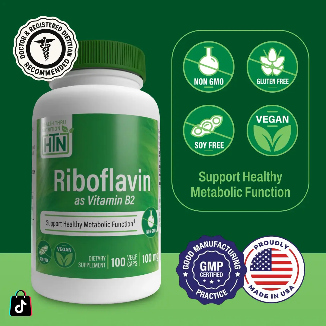 Health Thru Nutrition Riboflavin – 100mg 100 Vegecaps | Vitamin B2 for Energy & Cell Health Essential