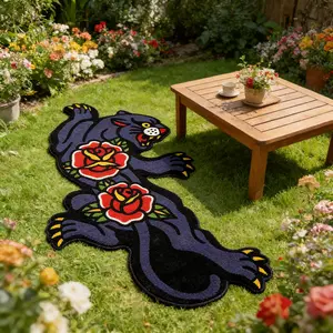 Vintage American Style Irregular Blue Leopard Carpet, Rose Decorative Living Room Bedroom Rug, Animal Print Rug, Washable Easy Clean Plush Mat