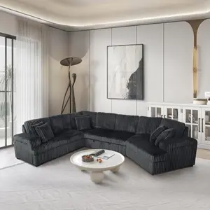 8240 4 pc Dark Grey Corduroy Fabric Sectional Sofa with Cuddler Chaise Pop Up Center Love Seat USB Cup Holder Cozy Comfort Easy Assembly