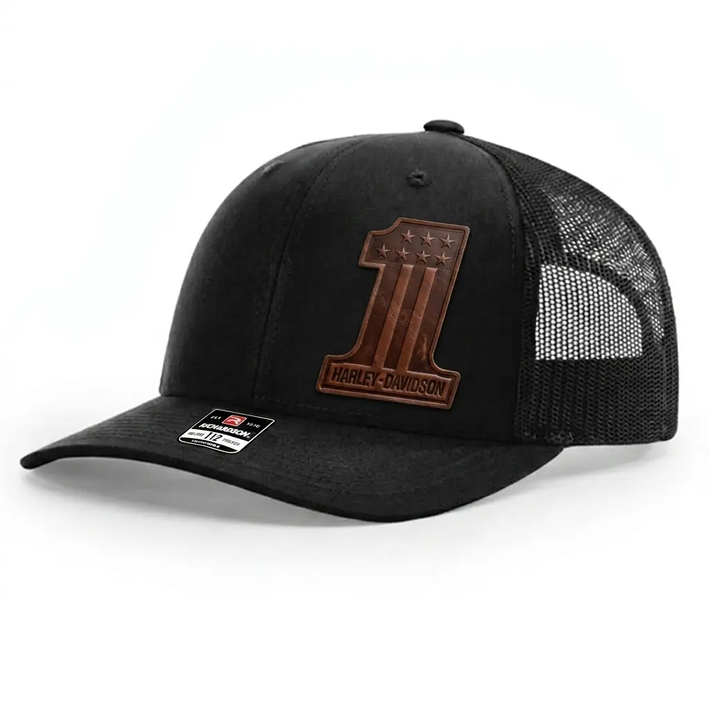 [Hat Patch] Premium V-Twin Racing #1 Leather Patch Hat - Richardson 112 Classic Mesh Trucker Cap - Badass Motorcycle Enthusiast Apparel - Unique Birthday Gift for Him or Dad - High Quality Laser Engraved Rustic Headwear - Stylish Sun Protection Cap