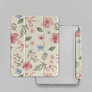Pink flower butterfly pattern, with adjustable bracket and pen slot, foldable non-slip TPU protective case, suitable for iPad mini, iPad Air, iPad Pro/iPad 10th generation, 11th generation and other series iPad protective cases