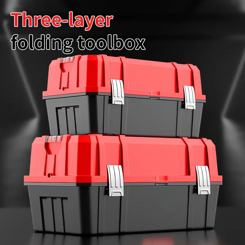 OUDISI Heavy Duty Plastic Tool Box - 3-Tier Folding Organizer with Double Latch, Portable Hand-Carry Chest for Home Repair, Workshop Storage