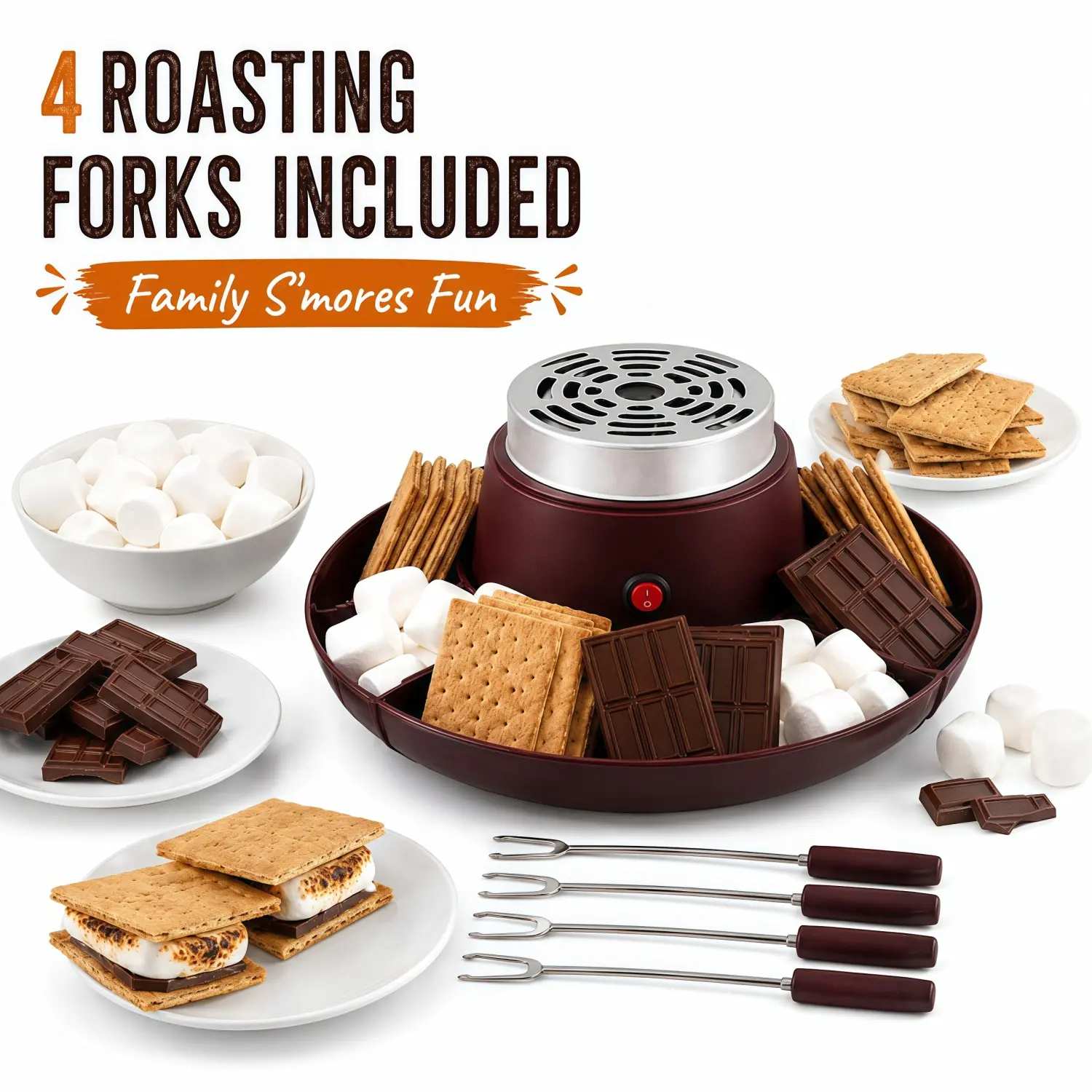 ONESHOW HOME Electric S'mores Maker Kit - BPA-Free Kitchen Appliances with Stainless Steel Roasting Forks, 3-Compartment Trays, Graham Crackers Compatibility for Family, Friends Fun Nights