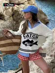 Women's V Neck Sweater, Fall Winter Loose-Fit Knitted Top, Casual Knitwear, Casual Fashion Long Sleeve Pullover, Elegant Design with Fish Pattern, Casual Pullover Tops