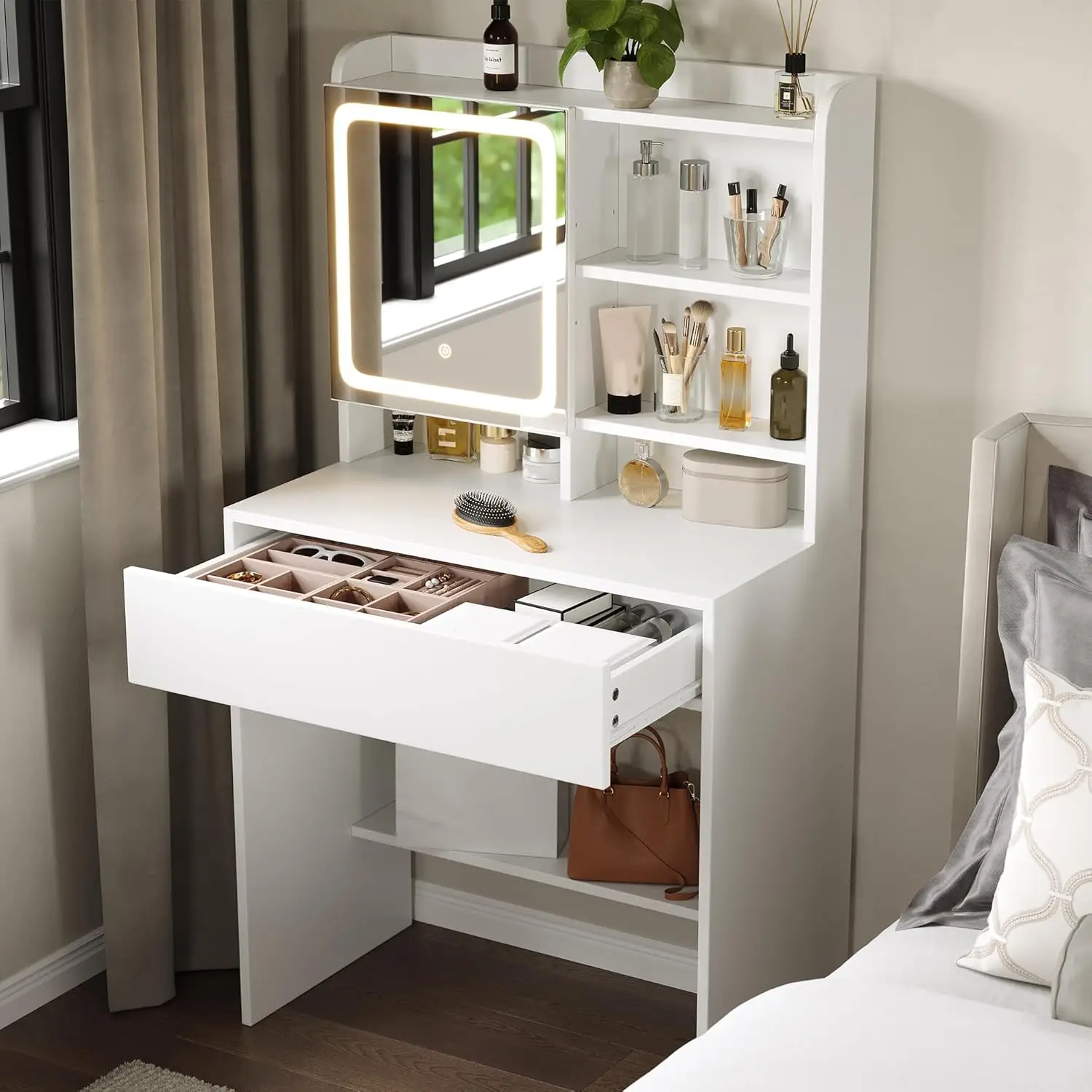 Dowinx Small Vanity Desk with Mirror and Lights, Makeup Vanity with Drawer & Storage Shelves, 3 Lighting Modes Adjustable Brightness, Large Drawer and