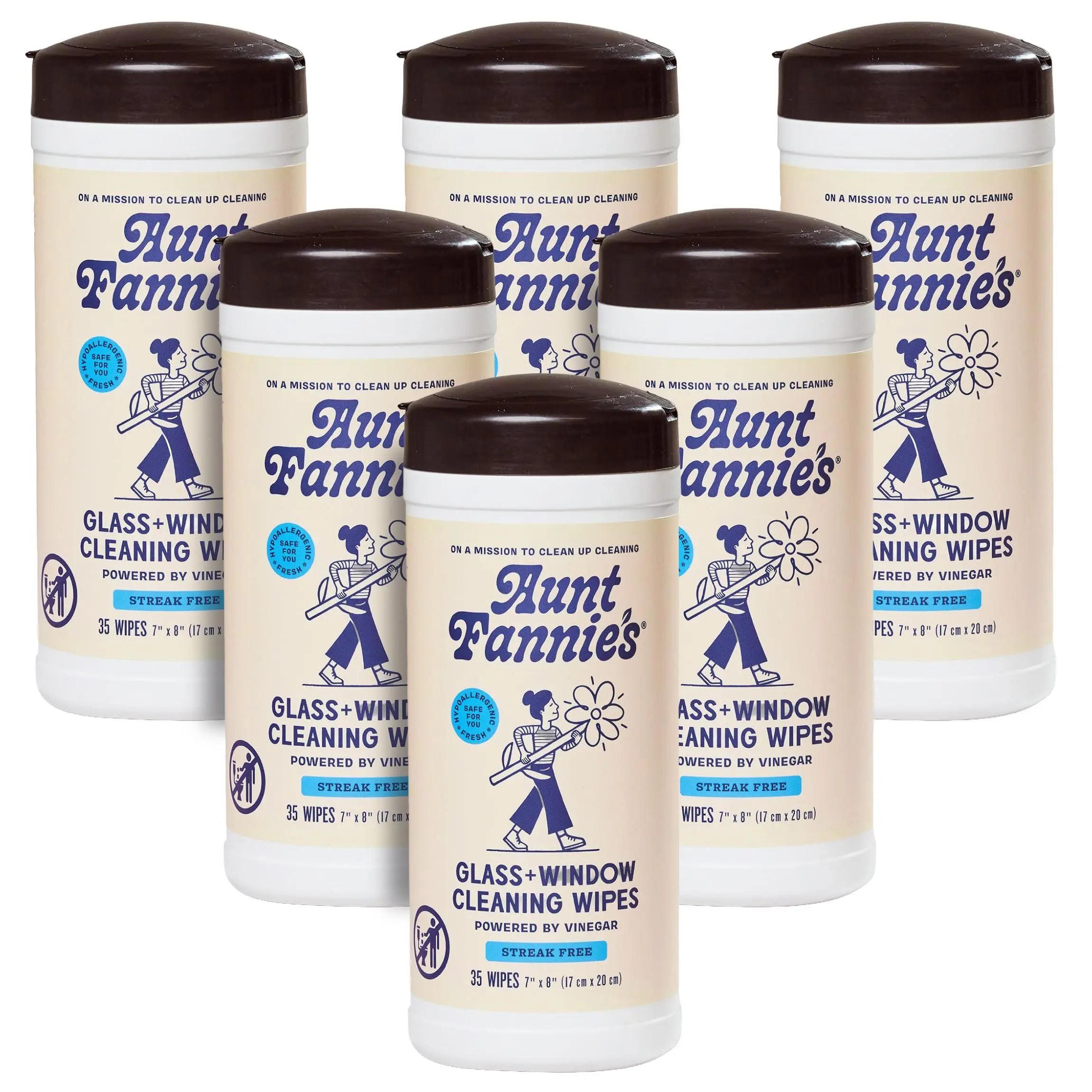 Aunt Fannie's Glass & Window Cleaning Wipes, Natural Streak-Free Glass Cleaner, 35 Count (Pack of 6)