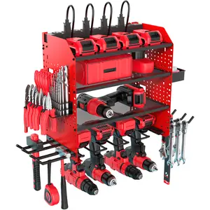 Multifunctional Garage Power Tool Organizer with Charging Station Wall Mount 4-Layers Large Capacity with Hooks with 8 Drill Bit Holders Heavy Duty Tool Warehouse Storage Electric Drill for Garage Workshop