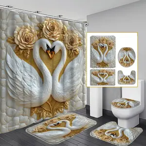 1/3/4pcs Swan Pattern Shower Curtain Set, Holiday Design, Non-Slip Mat, U-Shaped Rug, Toilet Lid Cover, Perfect for Bathroom Decor, Bathroom Decoration Accessories, Includes 12 Hooks
