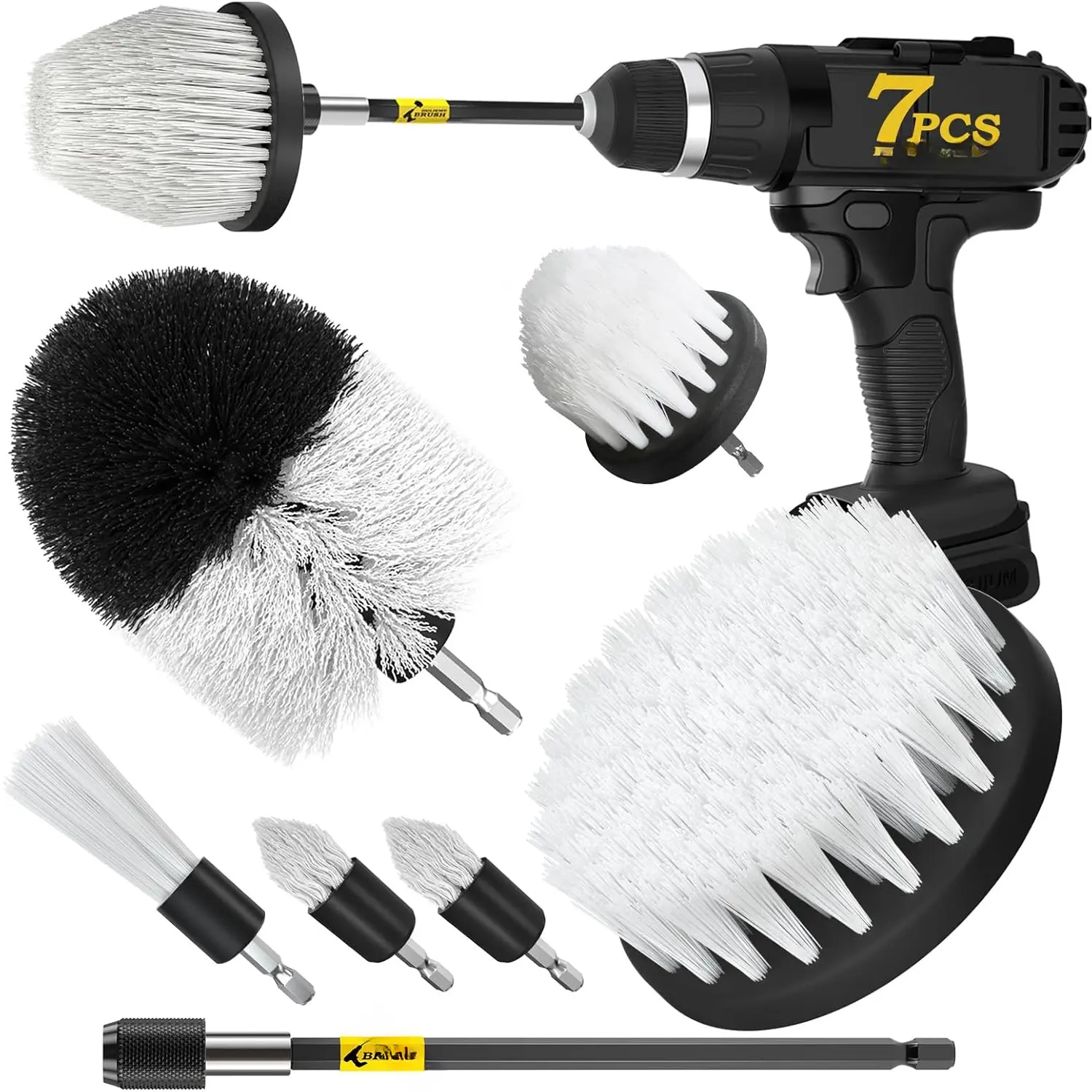 7Pack Drill Brush Attachment Set- Interior Detailing Kit,Power Scrubber Brush Extended Long Attachment for Bathroom, ,Shower,Carpet,Boat,Kitchen,Floor and Tile,White