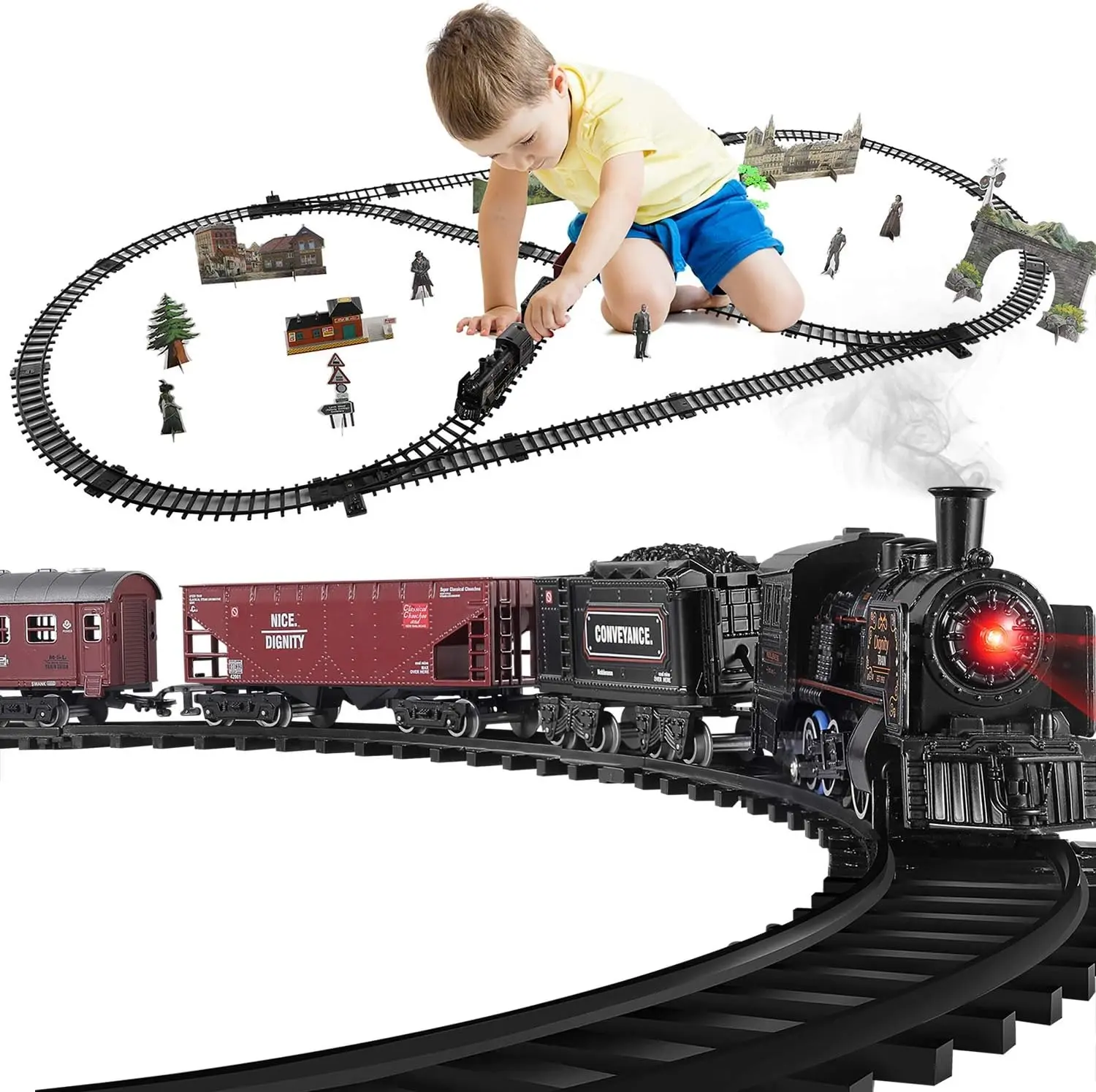 Metal Alloy Electric Diecast Model Train Toyset - 3 Miniature Train Track Cars, Figurine Set, Realistic Sound, Working Lights, Simulated Smoke - Ideal for Christmas, Birthday Gifts