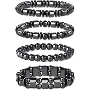 Unisex 4PCS Color-Block Retro Vibe Electroplated Beaded Bangle Set - 6-8.6 Inches Adjustable Elastic Bracelets with Black Hematite, Tiger Eye Natural Stones - Ideal for Birthday Gifting, Daily Wear, Workouts