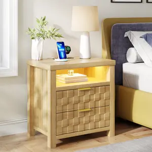 FREDEES  Nightstand with Charging Station, 25.6" Wide Bedside Table with 2 Drawers, Smart Side Table with 3-Color LED Lights and Adjustable Lighting for Bedroom