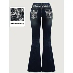Women'S Vintage Stretch Flare Jeans - Cross Embroidery & Belt Loop Detailing, Slim Fit Elegant Denim for All-Season Wear