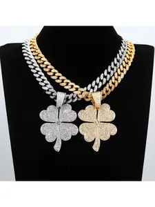 Creative and stylish four-leaf clover necklace pendant, full diamond alloy Cuban chain necklace