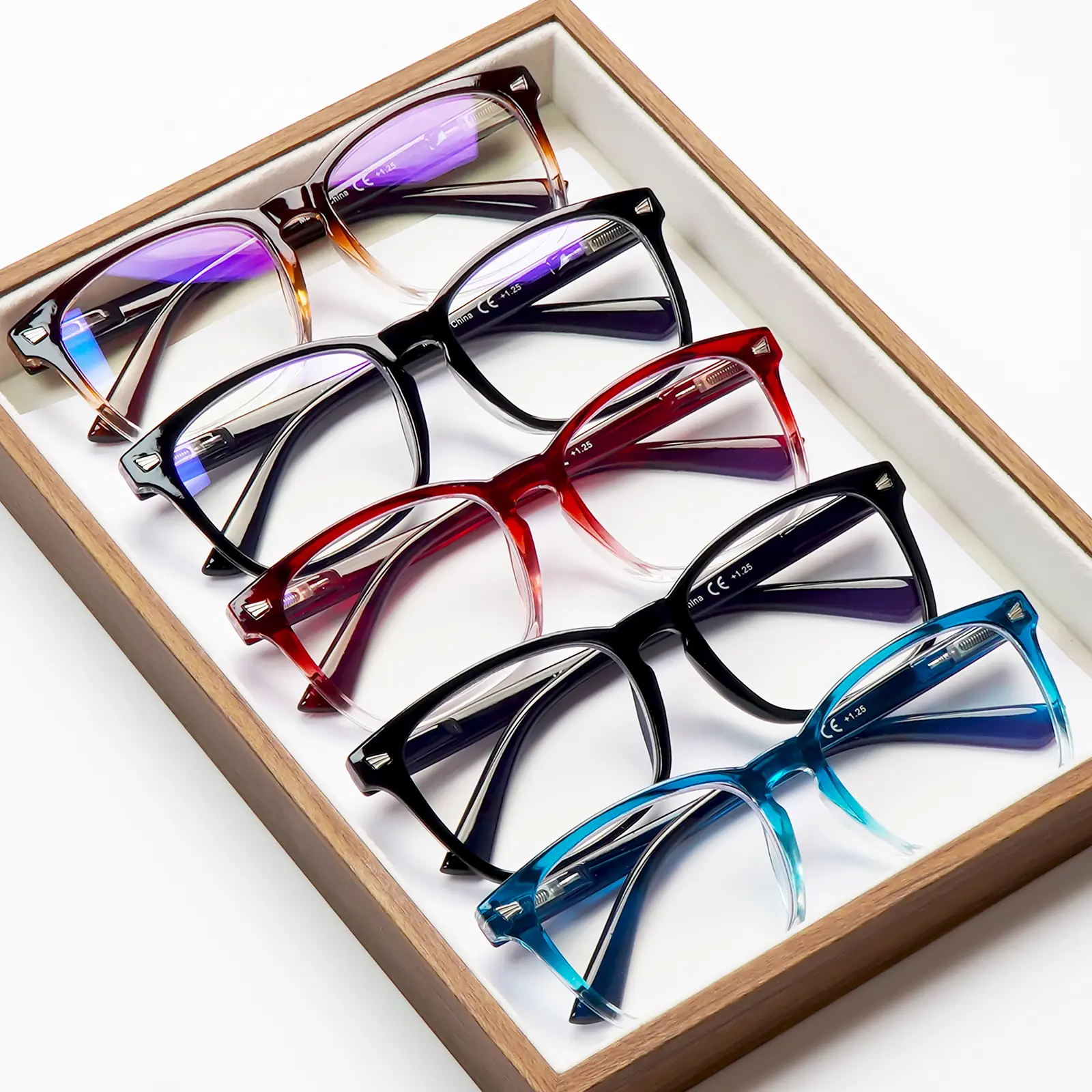 5-Pack Stylish Blue Light-blocking Reading Glasses for Presbyopia. These rectangular frames feature a solid-color gradient design and spring hinges. The blue light-blocking lenses help reduce eye strain, making them ideal for reading and computer use.