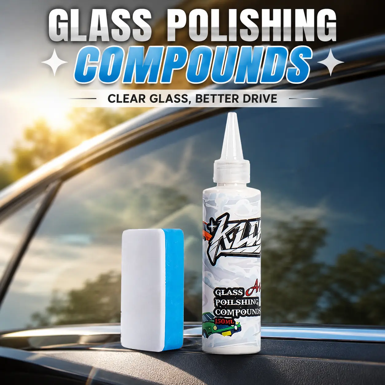 Car Glass Polish & Water Spot Remover - Powerful Windshield Cleaner Formula, Eliminates Stubborn Water Spots, Oil Film, Wiper Residue, Restores Clarity, Adds Hydrophobic Protection for Automotive Windows, Daily Driving Care