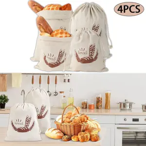 4 Pcs Reusable Linen Bread Bags with Drawstring | Natural Fabric Storage Bags to Keep Bread, Baguette, Fruits & Vegetables Fresh | 2 Sizes: 25x30cm & 30x38cm | Lightweight & Eco-Friendly Kitchen Essentials for Zero-Waste Lifestyle