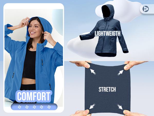 Outdoor Ventures Women's Packable Casual Polyester Long Sleeve Sporty Chic Waterproof Hooded Rain Jacket for Female Cycling