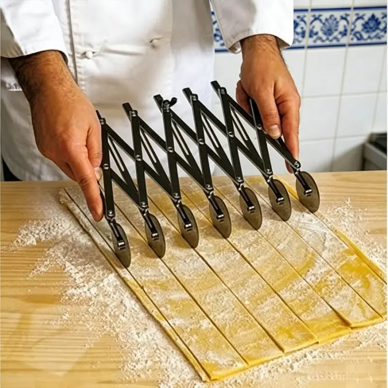 1 retractable multi wheel slicing roller knife, with a seven wheel adjustable telescopic structure, capable of cutting multiple dough, noodles at once, it is a household and commercial baking tool for pastry making, Kitchen Utensils Gadgets