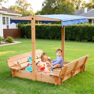 FUNTOK 48''x48'' Kids Sandbox with Lid, Wooden Sand Box with Foldable Bench Seats, Rotatable Canopy, UV-Protection, 300 Lbs Weight Capacity, for Backyard, Patio, Outdoor Play