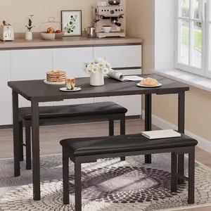 Dining Table Set for 4 with Upholstered Benches, 3-Piece Kitchen Table Set, Rectangle Modern Dining Room Furniture with Metal Frame for Small Spaces & Apartments, Black